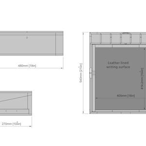 Op de afbeelding: Diagram van een rechthoekige doos met een met leer gevoerde schrijfoppervlak. De doos is 480 mm lang, 161 mm hoog en 270 mm breed. Het schrijfoppervlak is 405 mm breed en 414,2 mm lang.