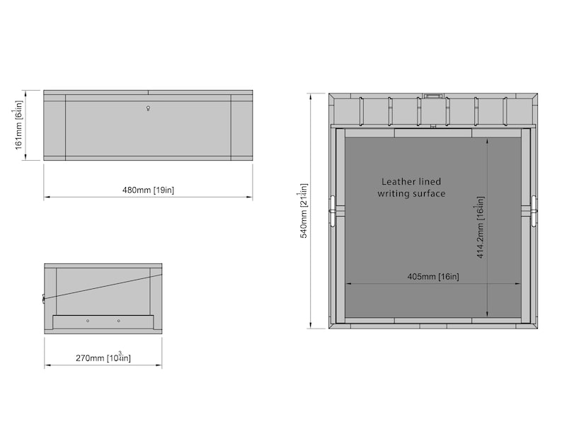 Op de afbeelding: Diagram van een rechthoekige doos met een met leer gevoerde schrijfoppervlak. De doos is 480 mm lang, 161 mm hoog en 270 mm breed. Het schrijfoppervlak is 405 mm breed en 414,2 mm lang.
