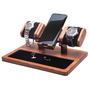 Mahogany wood desk organizer watches + phone + jewelry tray, mobile docking station, watch case, personalized box jewelry display holder