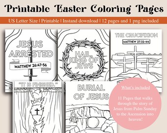 May include: Printable Easter colouring pages with line art illustrations of biblical scenes, including the crucifixion and the burial of Jesus. The set includes 11 pages detailing the story of Jesus, from Palm Sunday to the Ascension. Text includes Bible verses.