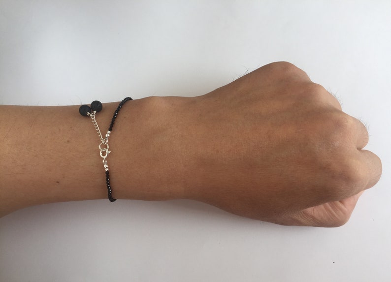 Black Sparkly Spinel Dainty Adjustable Bracelet Pearl Lava Silver Extender Chain Clasp Stability Strength Courage Infuses Essential Oils