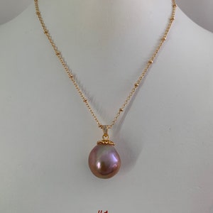 Large Baroque Purple/White Pearl Pendant Gold Filled Chain 21&quot; Necklace  Birthstone Wisdom Protection Wedding gift