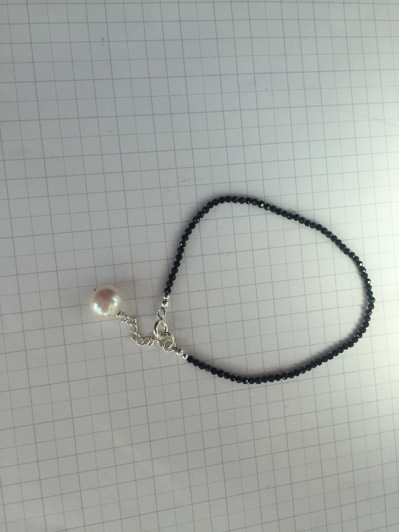 Black Sparkly Spinel Dainty Adjustable Bracelet Pearl Lava Silver Extender Chain Clasp Stability Strength Courage Infuses Essential Oils