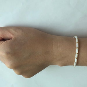 7” Stretch Bracelet Anklet MOP Mother of Pearl White Shell Beads Tube Shape Gold Filled Spacer Minimalist Handmade Unique Gift