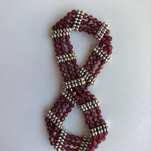 7” Stretch Bracelet Red Faceted Sparkly Garnet Three Rows Beaded January Birthstone Gemstone Tibetan Silver Spacer Handmade Unique Jewelry