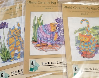 Plaid Cats in My Garden=The Original Crayon Design Quilt Pattern  by Judy Reynolds -Black Cat Creations