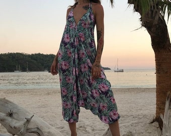 Maxi Dress Aloha, Beach Cover-Up, Summer Cotton Dress, Casual Dress, Low-Cut Back And Tied At The Back Dress