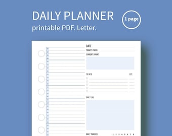 Op de afbeelding: Een printbare dagelijkse planner-sjabloon in letterformaat. De planner bevat secties voor datum, focus van vandaag, huidige sprint, taken, dagboek, dagelijkse tracker, ideeën en gepland voor morgen.