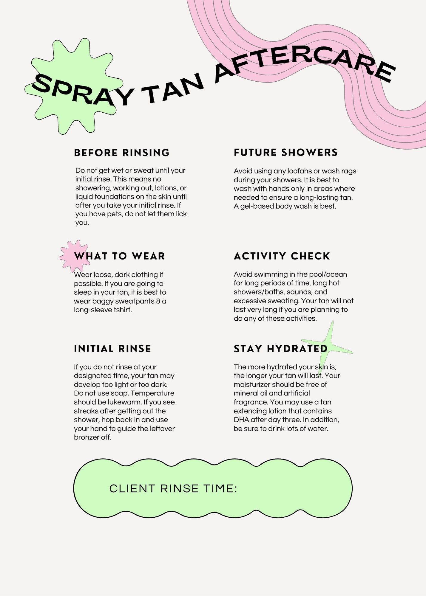 Spray Tan Aftercare Card, Sunless Tanning Template, Spray Tan Artist Templates, Spray Tanning