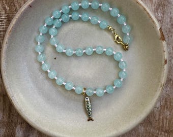 Teal Baby Pink Beaded Necklace with Gold Fish Charm