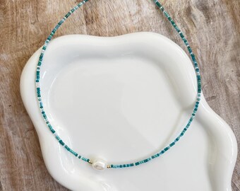 Coastal blue pearl beaded necklace