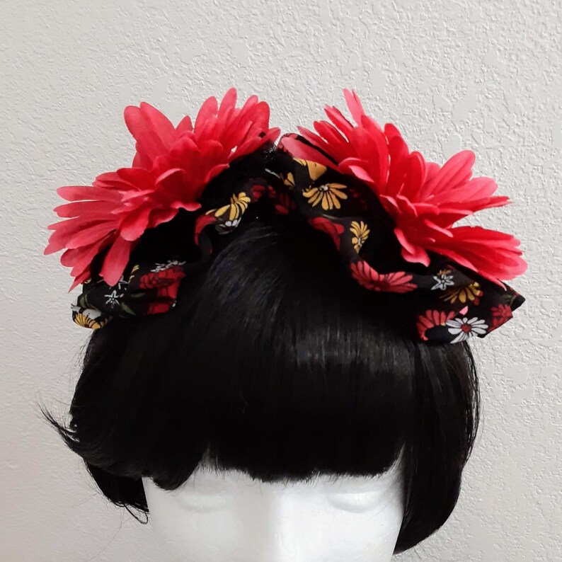 Bright Magenta or Strawberry Red Flower with Black Floral Fabric on an Alligator Hair Clip