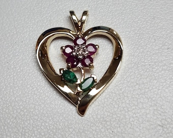 10K Yellow Gold 0.75" Heart Shape Diamond Ruby Emerald FLOWER Leaf Pendant 2.9g