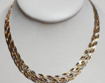 14K Yellow Gold VINTAGE 17" Tri-Color Braided Necklace 18.6 grams