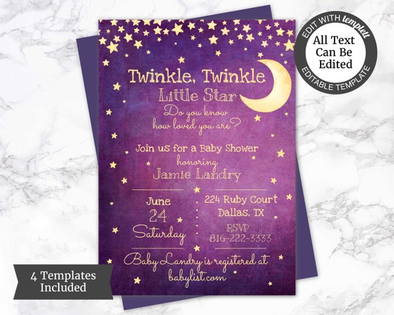 twinkle twinkle little star girl baby shower invitations