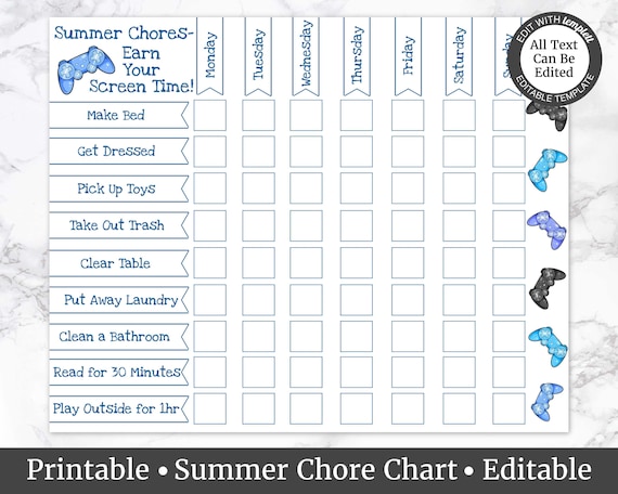 Summer Chore Chart, Kids Chore Charts, Chore List for Kids, Edit Yourself,  Earn Your Screen Time, Custom Chore Chart