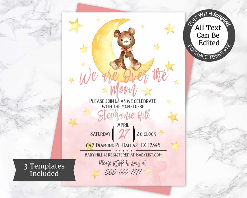 Pink Bear Baby Shower Invitation Template Over The Moon Baby Etsy Pink Bear Baby Shower Invitation Template Over The Moon Baby Etsy