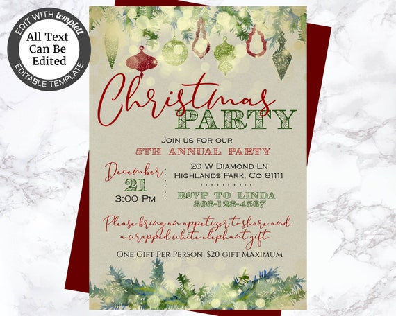 Christmas Party Invitation Template Holiday Party Invite Etsy