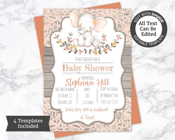 Elephant Baby Shower Invitation Template Girl Baby Shower Etsy