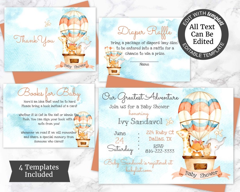 Girl Baby Shower Invite Animal Adventure Shower Invitations Adventure Baby Shower Invitation Template Hot Air Balloon Invite