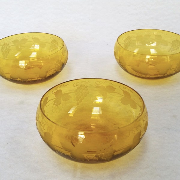 Amber Crystal Bowls with Etched Grapes and Grapevine Pattern Set of 3