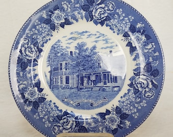 Blue and White Transferware Plate, President Coolidge Home, Plymouth Vermont, Old English Staffordshire Ware