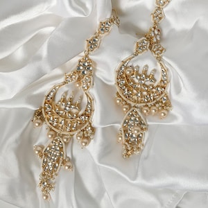 Bollywood Bridal Kundan Earrings Jewelry Set, Kundan Chandbali Earrings Jewellery Set, Pearls Big Jhumka Earrings Bridal Jewelry