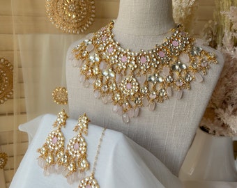 Paachi Kundan Pink Bridal Set , Sage Green Kundan Bridal Set , Indian Bridal Set , Collar, Jhumki, Paachi Kundan Set
