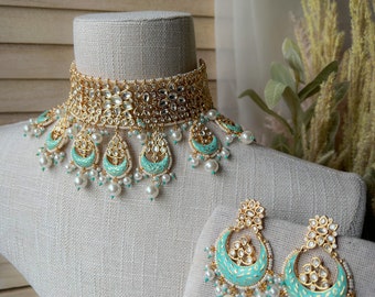 Conjunto de novia Kundan chapado en oro, Joyería nupcial india, Joyería pakistaní, Joyería de boda india, Conjunto nupcial Kundan, Collar Meenakari