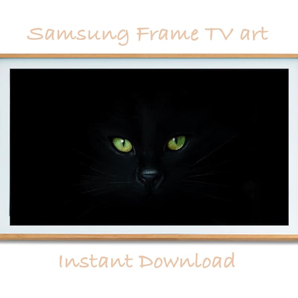 Samsung Frame TV Spooky Black Cat | Halloween | instant download Black Green Eyes Minimal