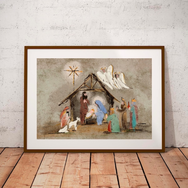 PRINTABLE Nativity Scene Art, Christmas Digital Download, Christmas Decor, Nativity Scene Print, Holiday Wall Art, LDS Art
