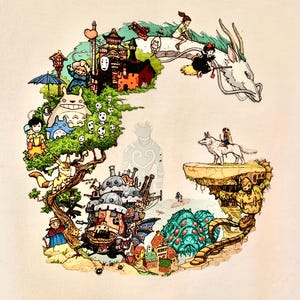 May include: A white t-shirt with a colorful graphic print of characters and scenes from Studio Ghibli films. The design includes Totoro, No Face, Howl's Moving Castle, Kiki's Delivery Service, and Spirited Away.
