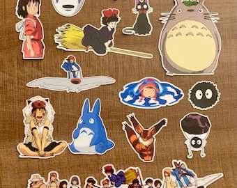 May include: A collection of die-cut stickers featuring characters from animated films. The stickers include a variety of characters in different poses and colors, such as a large gray creature, a black cat, and a girl in a red dress.
