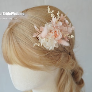 Preserved Boho Wedding Hair Comb: Dried Pink & White Flowers Accessories, Natural Bridal Hair Decorations