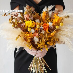 Autumn Orange Boho Wedding Bouquet,Pampas Grass & Dried/Preserved Flowers Bridal/Bridesmaid Bouquets