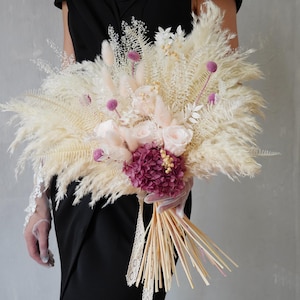 Rustic Boho Wedding Bouquet,White/Purlple Flowers Wedding Decor,Bridal Bridesmaids Bouquets,Pampas Grass Bouquet Preserved Rose