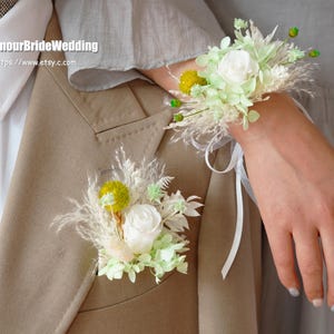 White/Green Boho Rust Dried Flowers Corsage: Wedding Preserved Rose Wrist Flower Bride Accessories