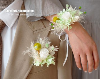 White/Green Boho Rust Dried Flowers Corsage: Wedding Preserved Rose Wrist Flower Bride Accessories