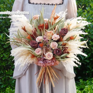 Rustic boho Wedding Bouquet,Rust Orange Artificial Flowers Wedding Decor,bridal bridesmaids bouquets,Pampas grass bouquet-Autumn