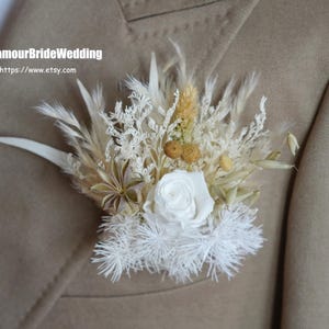 Boho Wedding Preserved Rose Boutonniere,White Rustic Dried Flowers Boutonnières/Corsage Groom Accessories