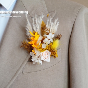 Boho Wedding Boutonniere,Rustic Dried Flowers Boutonnières Groom Accessory Preserved Roses/Hydrangeas