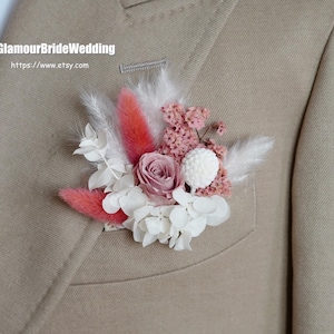 White Pink Rustic Dried Flowers Pampasgrass Wedding Boutonniere,Boho Boutonnières Accessories Groom