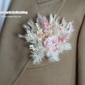 White Pink Rustic Dried Flowers Pampasgrass Wedding Boutonniere,Boho Boutonnières Accessories Groom