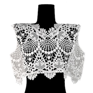 May include: A white lace collar featuring an intricate floral pattern with scalloped edges and a detailed mesh design. This decorative accessory is crafted with a symmetrical arrangement of flowers and geometric shapes, providing a delicate texture.