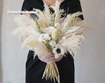 Rustic Boho Wedding Bouquet,White Artificial Faux Flowers Home Wedding Decor,Bridal Bridesmaids Bouquets,Pampas Grass Bouquet