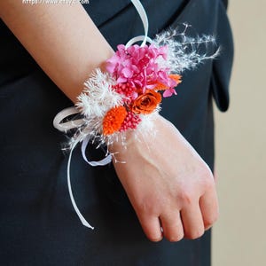White/Pink Boho Preserved Flower Corsage: Wedding Bridesmaid Bridal Dried Flowers Accessory