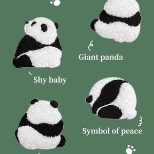 Puede incluir: Cuatro parches bordados de pandas en blanco y negro con superficies texturizadas. Los parches están etiquetados con el texto Shy baby, Giant panda, Symbol of peace y Round face, junto a pequeños iconos de huellas blancas sobre fondo verde.