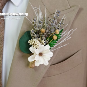 White/Green Boho Wedding Dried Flowers Boutonniere,Rustic Preserved Flower Boutonnières Groom Accessory