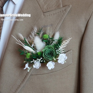 White/Green Rustic Dried Flowers Boutonniere,Boho Wedding Preserved Roses Boutonnières Groom Accessory