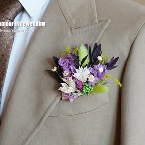 White/Purple Dried Flowers Boutonniere,Rustic Wedding Boutonnières Bridegroom Accessories